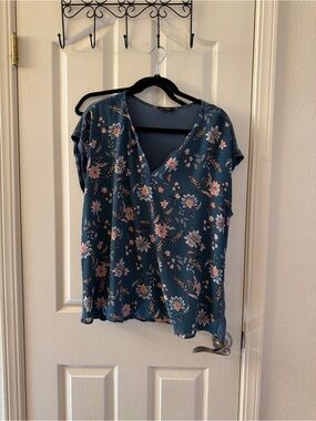 Papermoon Teal Floral V-Neck Short Sleeve Blouse